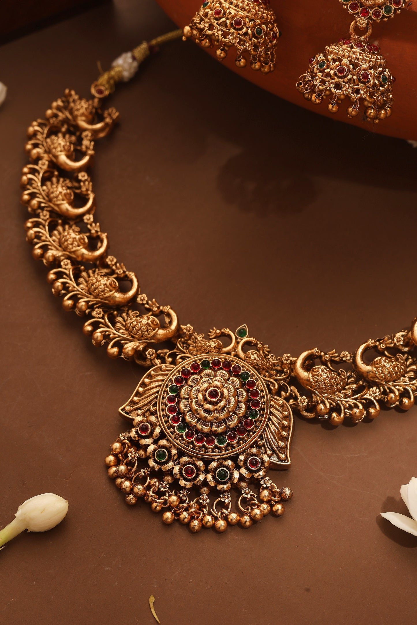 Gold Plated Temple Necklace Set with Peacock Motif