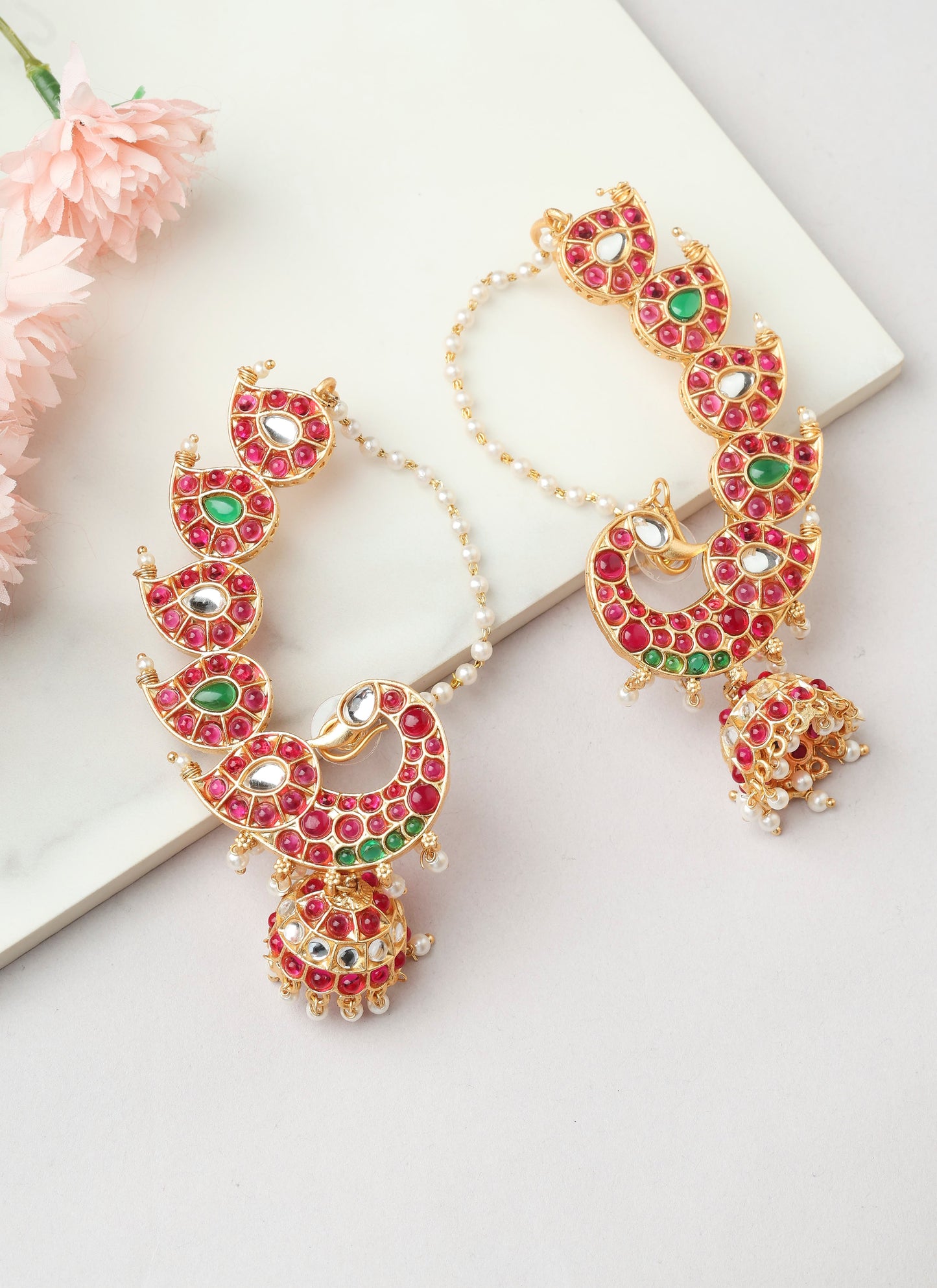 Peacock Earrings with Red Stones and Jhumka Attachments