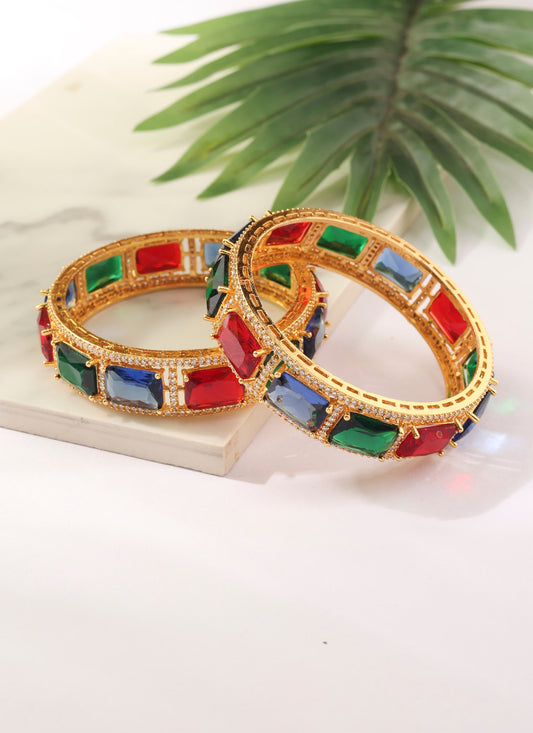 Set of two Gold Bangles with Green, Red and Blue Rubies