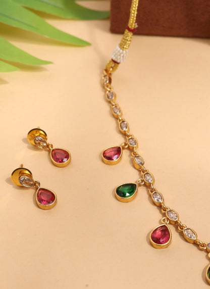 Delicate Gold Necklace Set with Red and Green Drop Stones