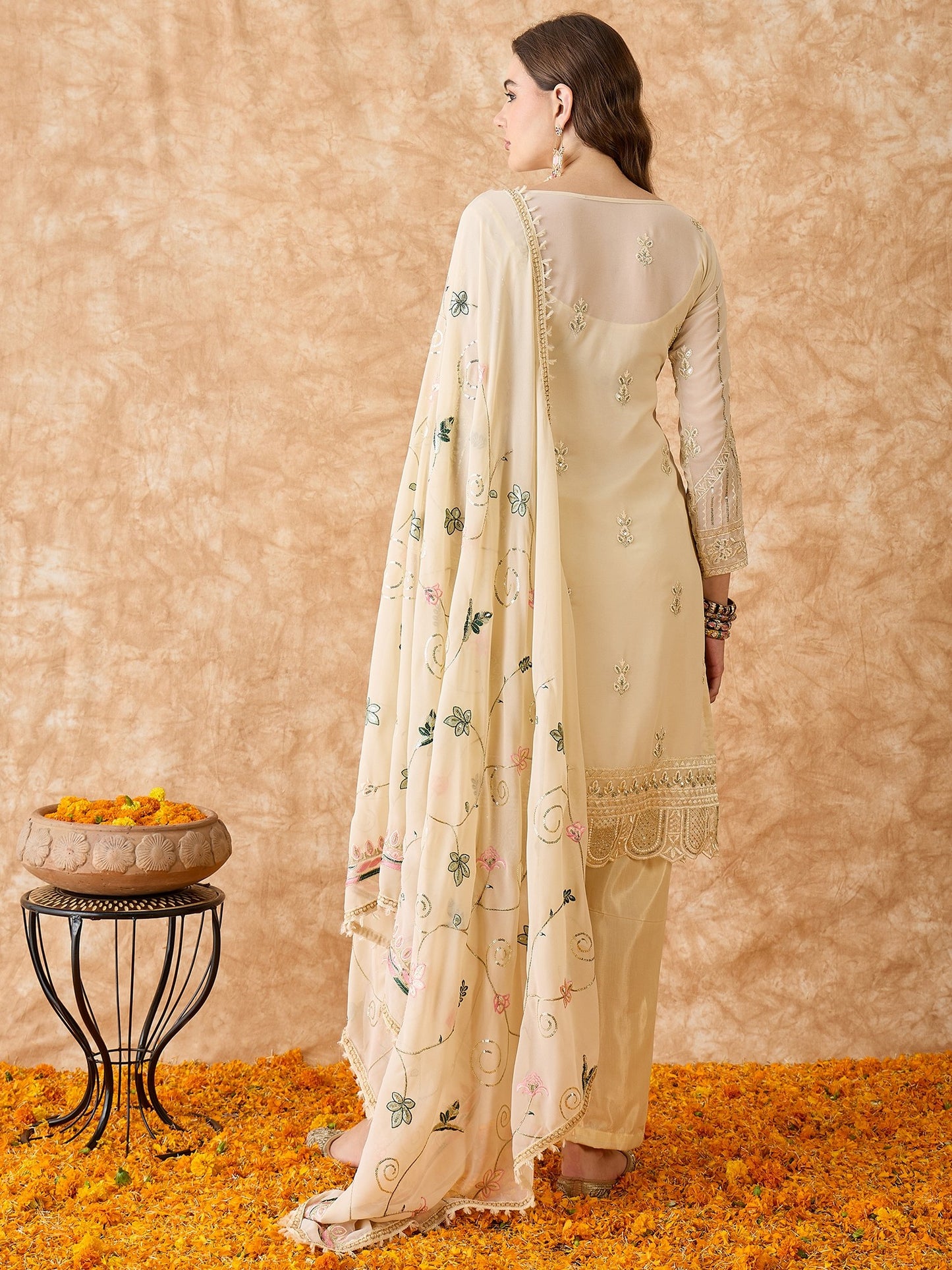 Semi Stitched Pakistani Suit in Beige Georgette