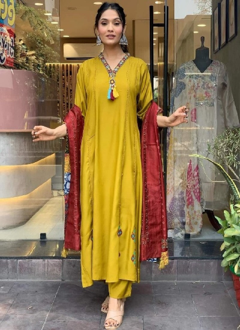 Gorgeous Mustard Chanderi Silk Embroidered Kurta Pant Dupatta Set