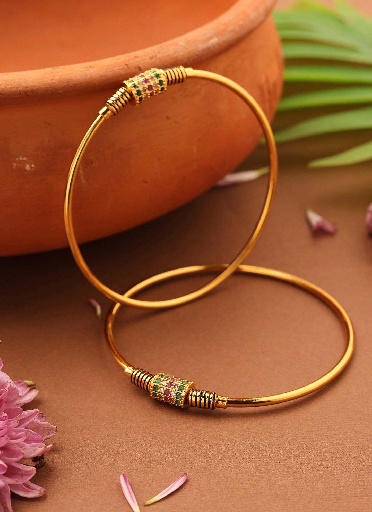 Gold-Plated Plain Bangles with Stone-Studded Center Ball