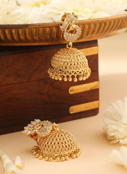 Gold Jhumkas with American Diamond Accent