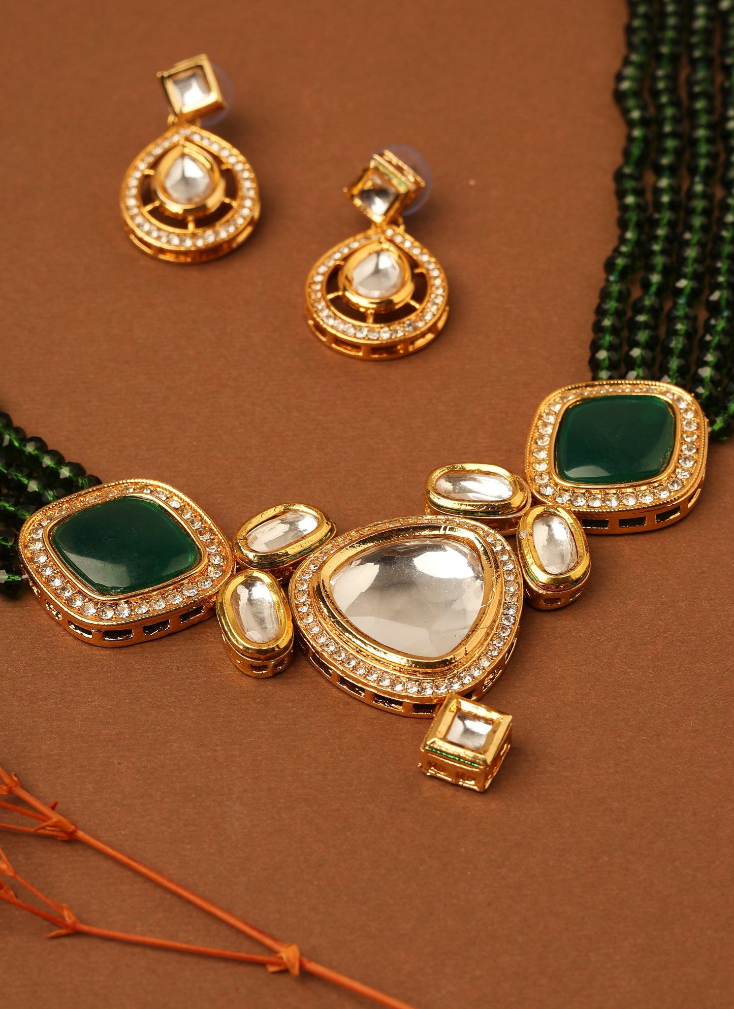 Kundan Pendant with Green Beads Necklace Set