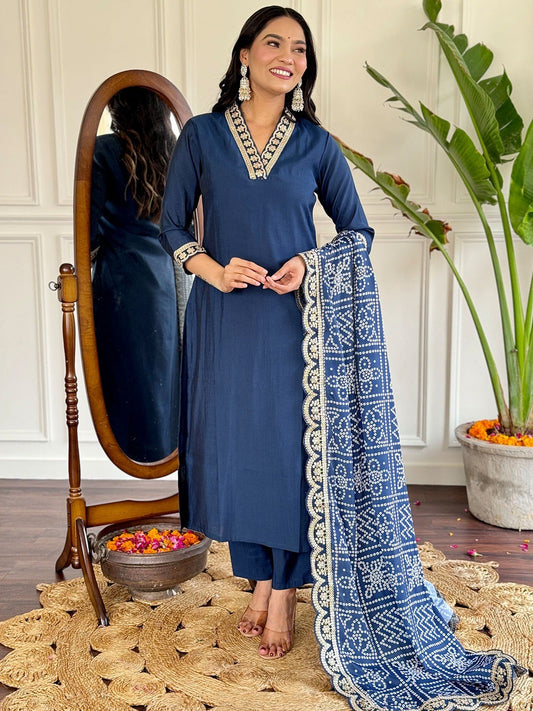 Blue Viscose Silk Embroidered Kurta Pant with Dupatta