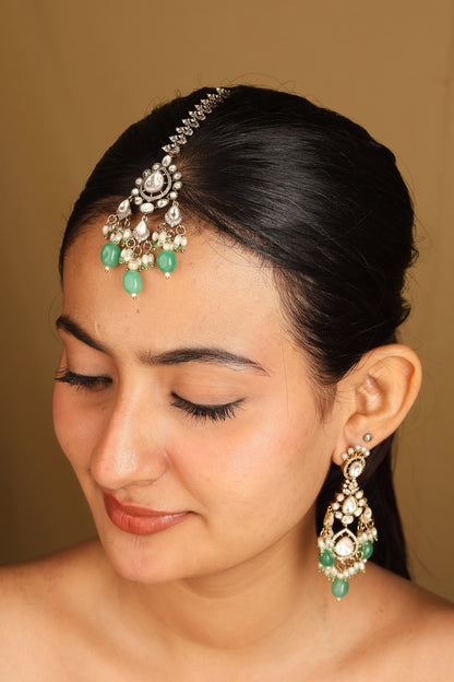 Kundan Choker Set with Green Beads & Maang Tikka