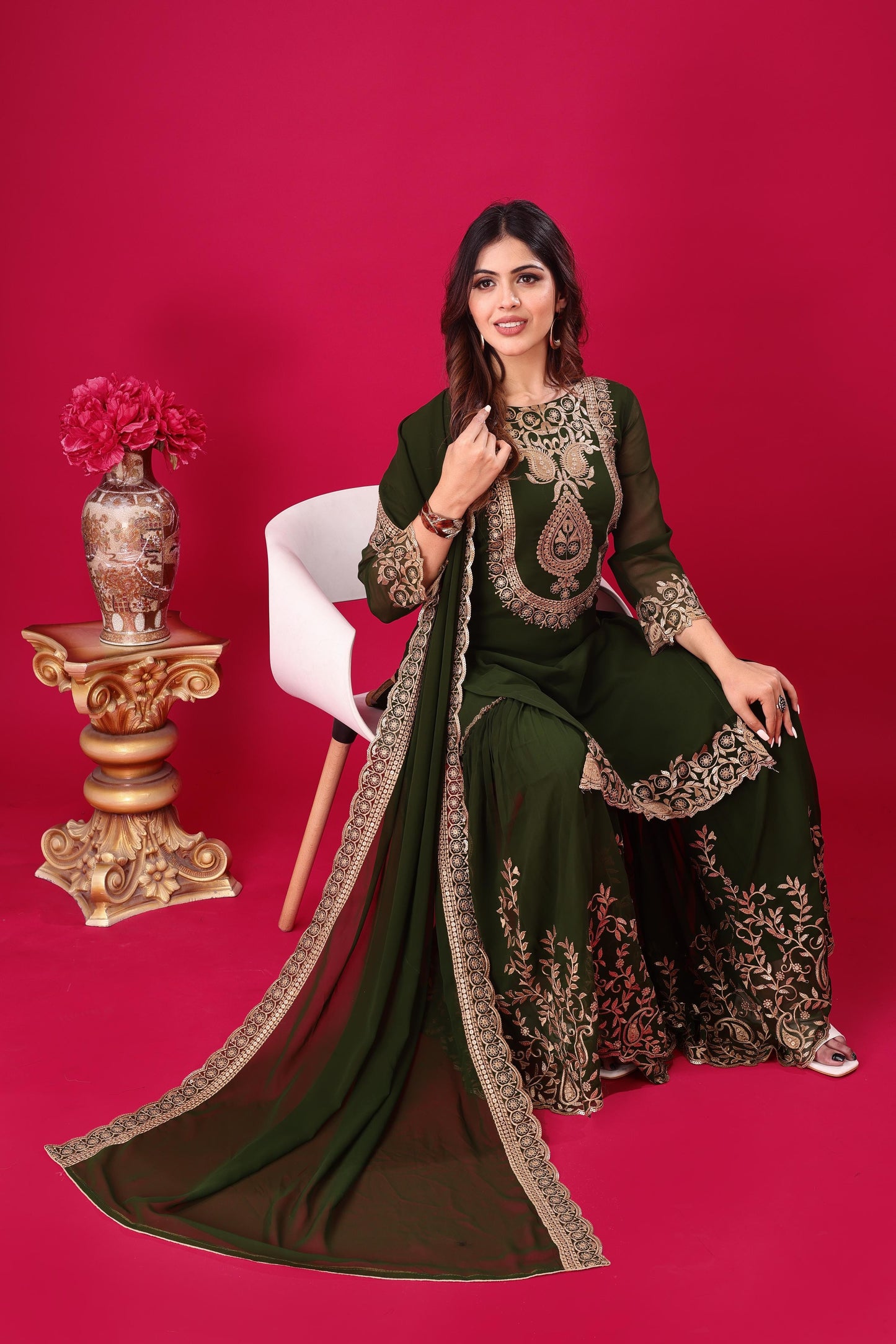 Green Sequins Faux Georgette Readymade Suit