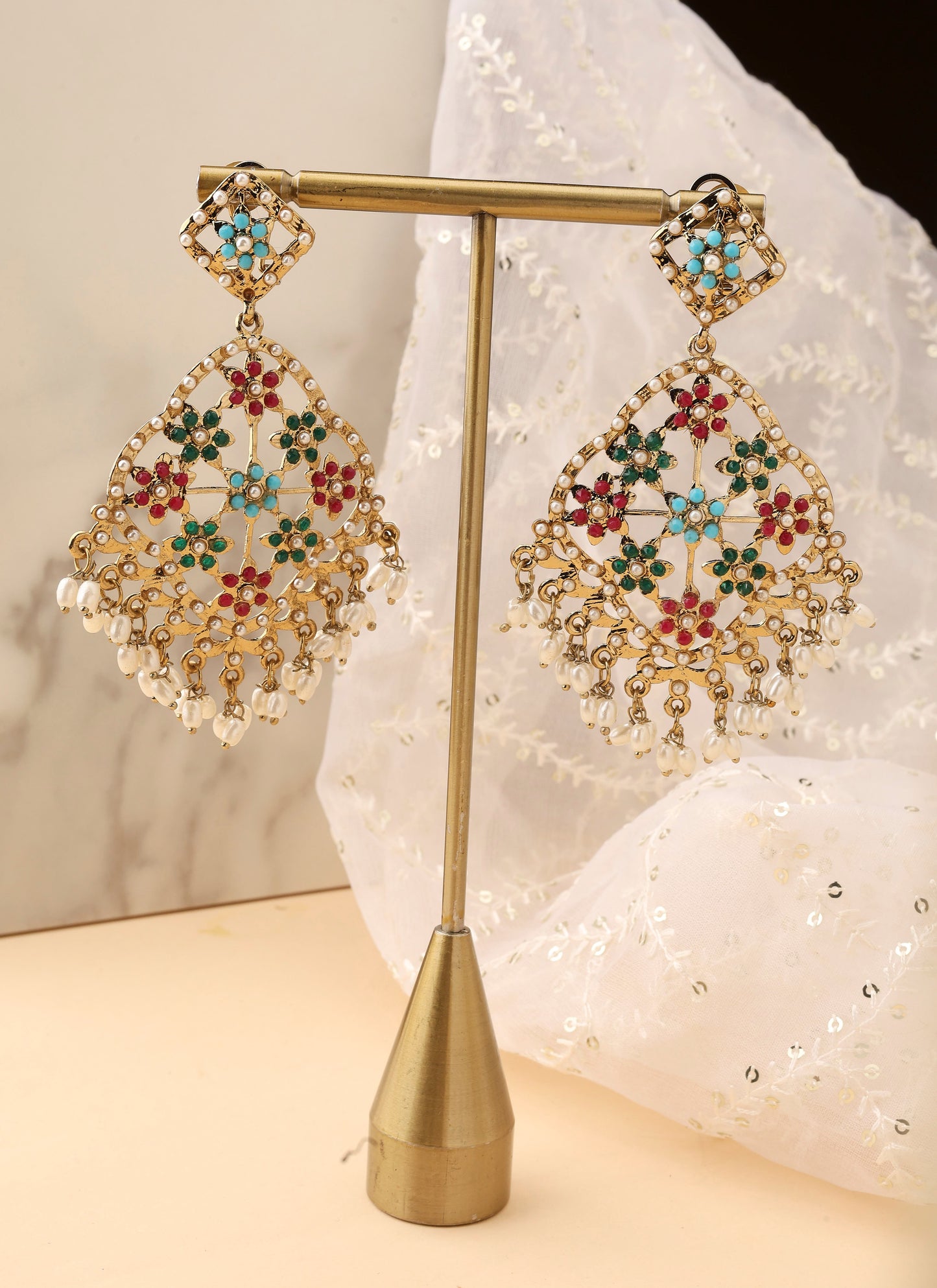 Multicolour Large Dangler Earrings with Pearl Detailing