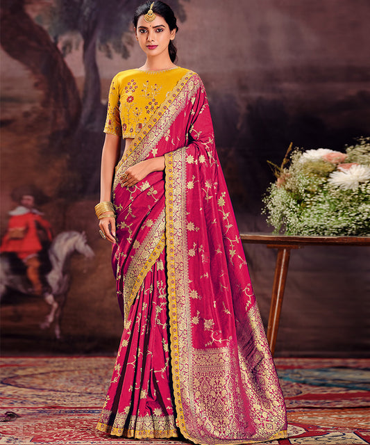 Elegant Pink Banarasi Silk Saree with Floral Vine Motifs & Golden Zari Work