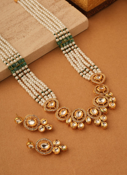 Long White Stone Necklace Set with Kundan Pendant