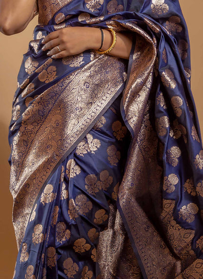 Navy Blue Zari Woven Saree with Floral Motifs and Grand Border