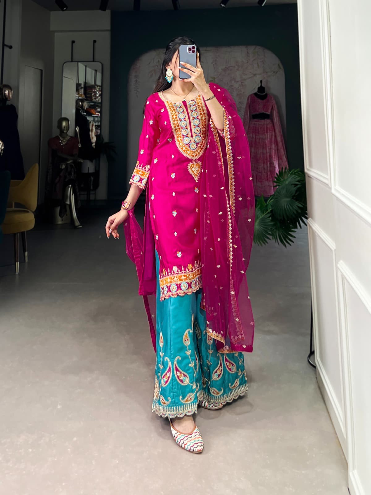 Pink Thread Embroidery Silk Blend Readymade Suit