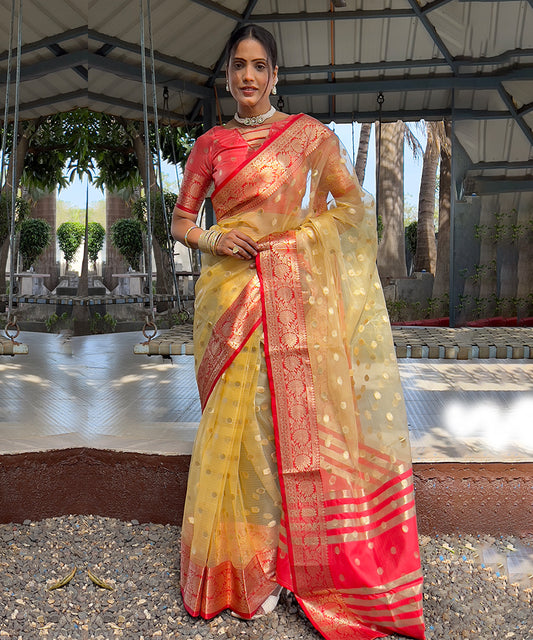 Golden Yellow & Red Organza Silk Saree