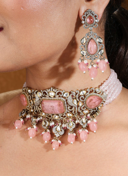 Statement Choker with Pink Stones and American Diamond Accents