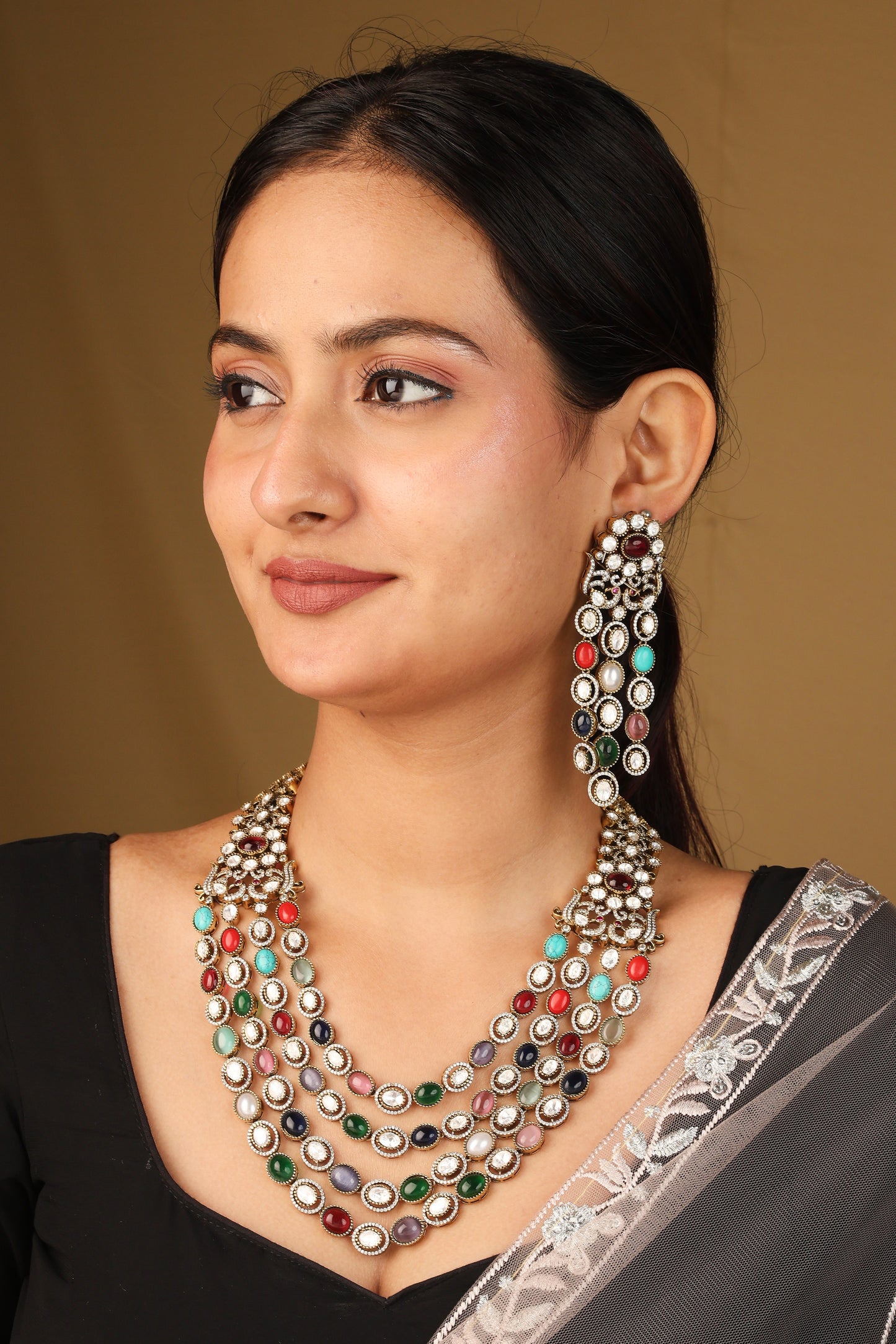 Layered Necklace with Navratan Stones Statement Piece