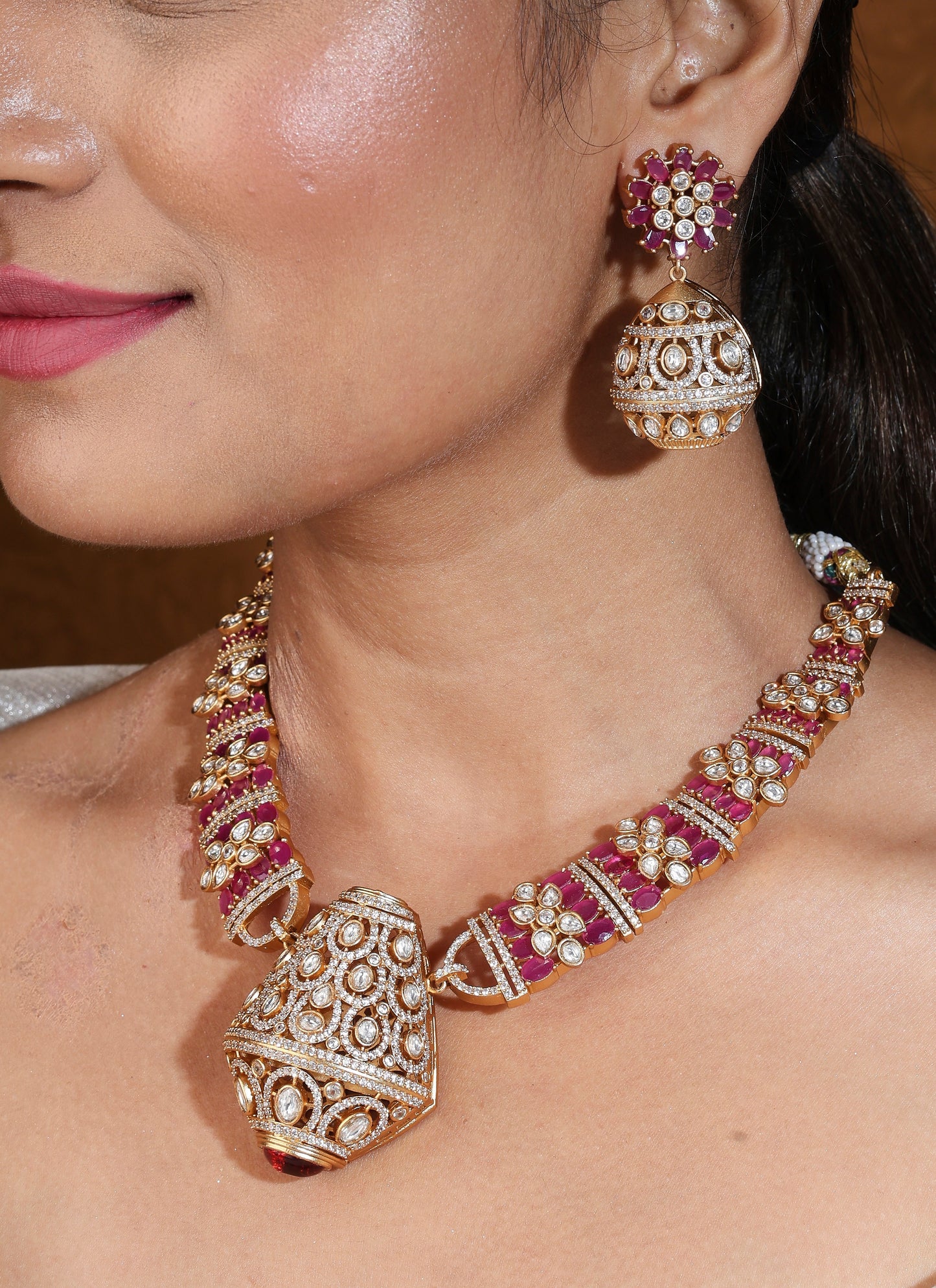 Hasli Style Necklace Set in Pink with American Stones