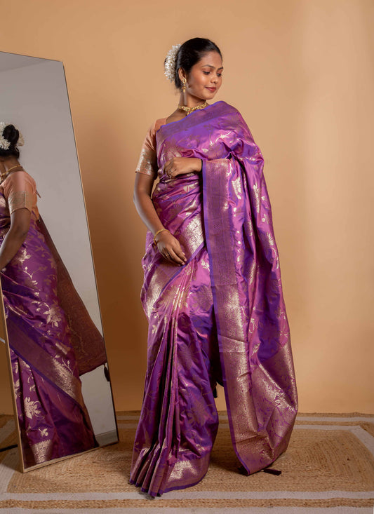 Royal Purple Zari Woven Saree with Floral Vine Motifs