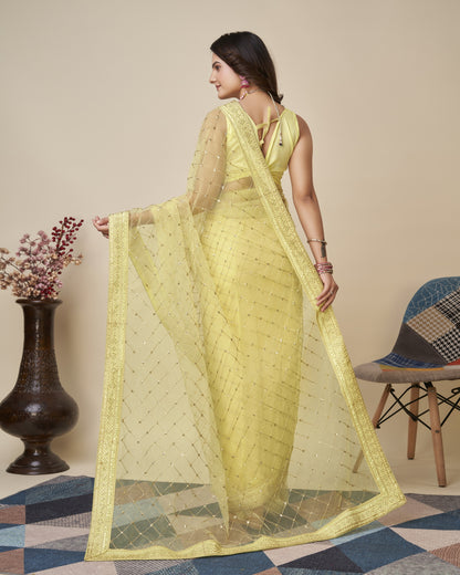 Yellow Soft Net Saree with Checks Embroidery