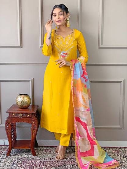 Yellow Embroidered Viscose Fabric Straight Kurta, Pant, and Dupatta Set