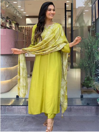 Yellow Embroidered Viscose Fabric Straight Kurta, Pant, and Dupatta Set