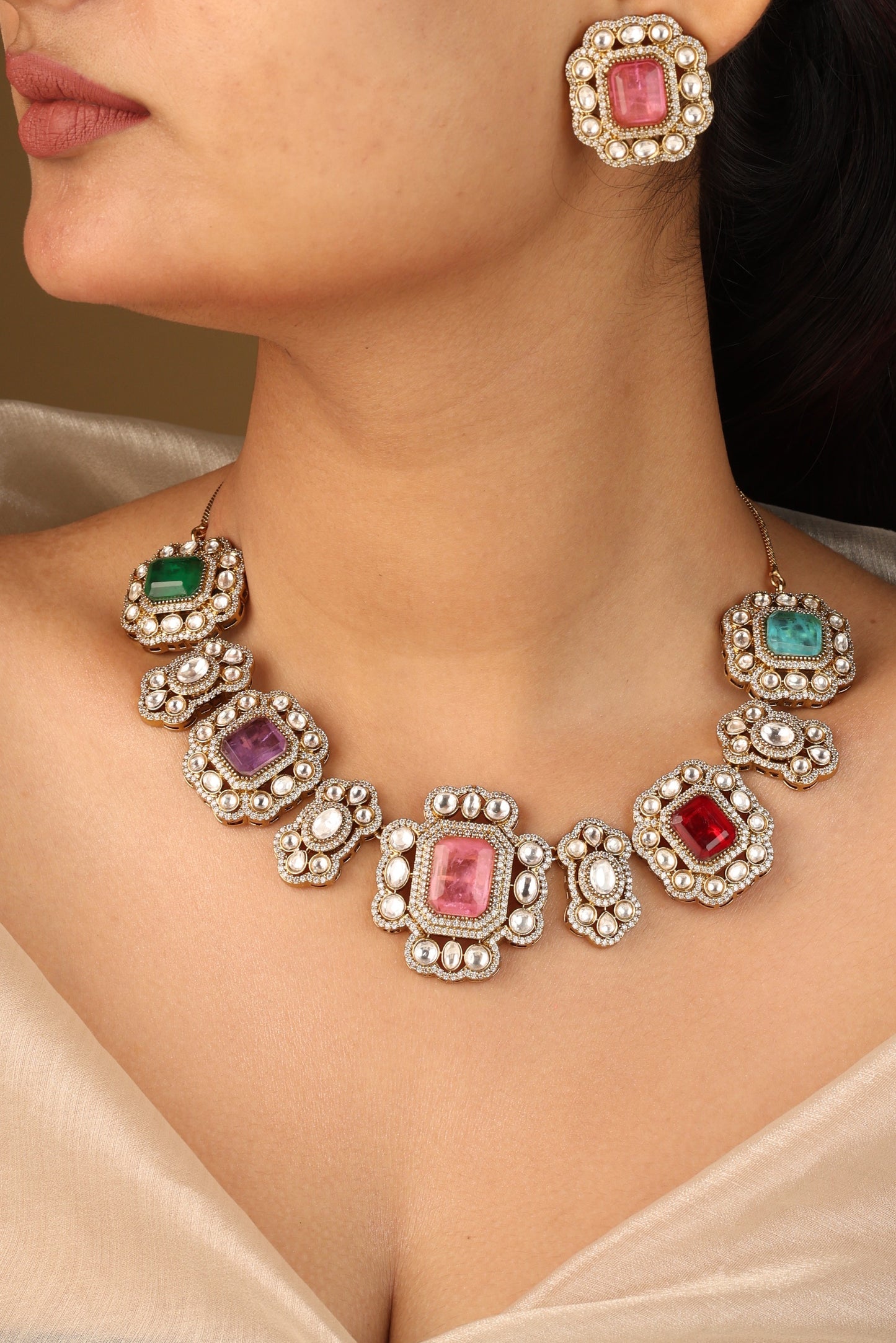 Colourful Harmony Necklace Set with Square Stones and Elegant Accents