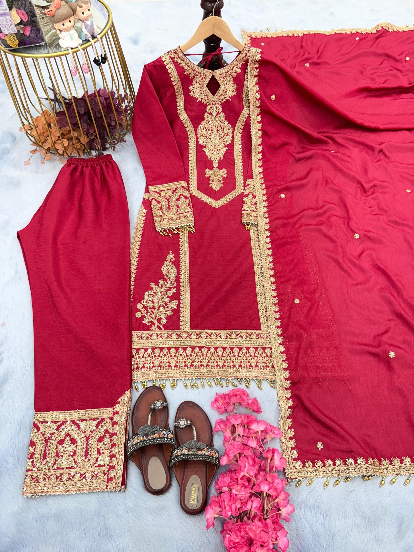 Red Embroidered Silk Blend Readymade Suit