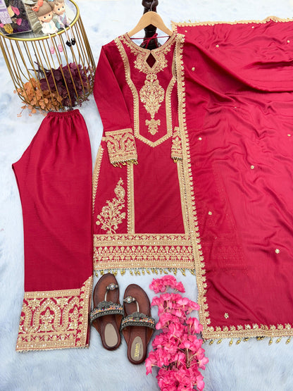 Red Embroidered Silk Blend Readymade Suit