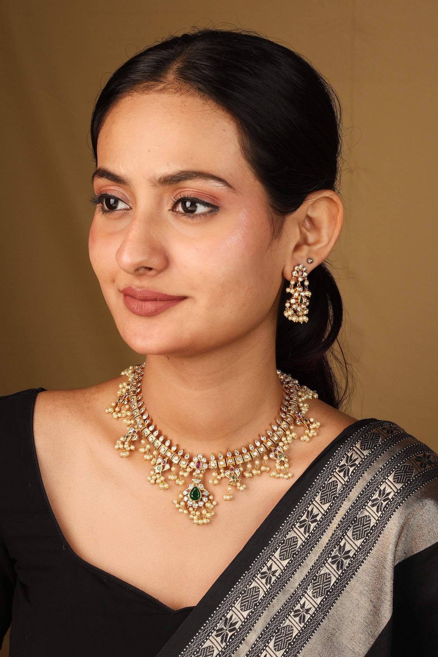 Traditional Guttapusalu Necklace with Jhumkis Tiny White Pearls and Stones