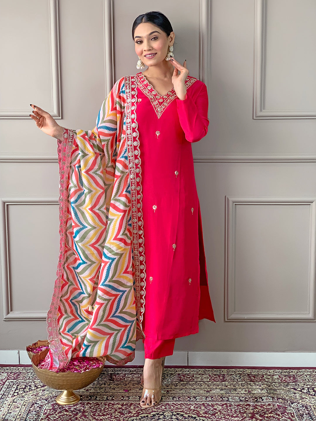 Red Women Embroidered Viscose Kurta, Pant, and Dupatta Set