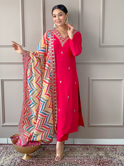 Red Women Embroidered Viscose Kurta, Pant, and Dupatta Set