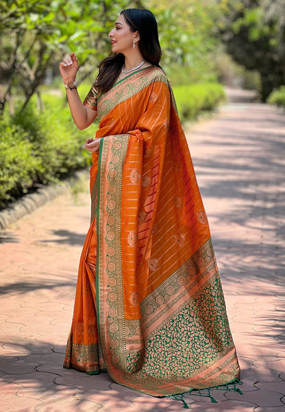 Orange Soft Silk Contrast Zari Woven Saree with Classic Weaving