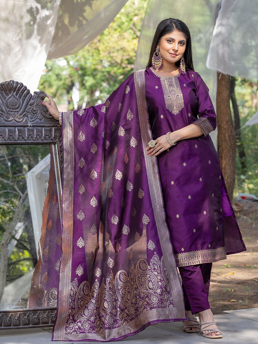 Purple silk blend jacquard kurta pant with dupatta
