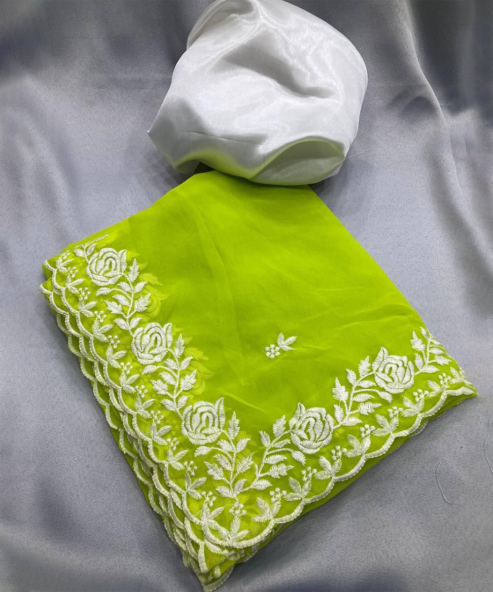 Lime Green Georgette Embroidered Saree
