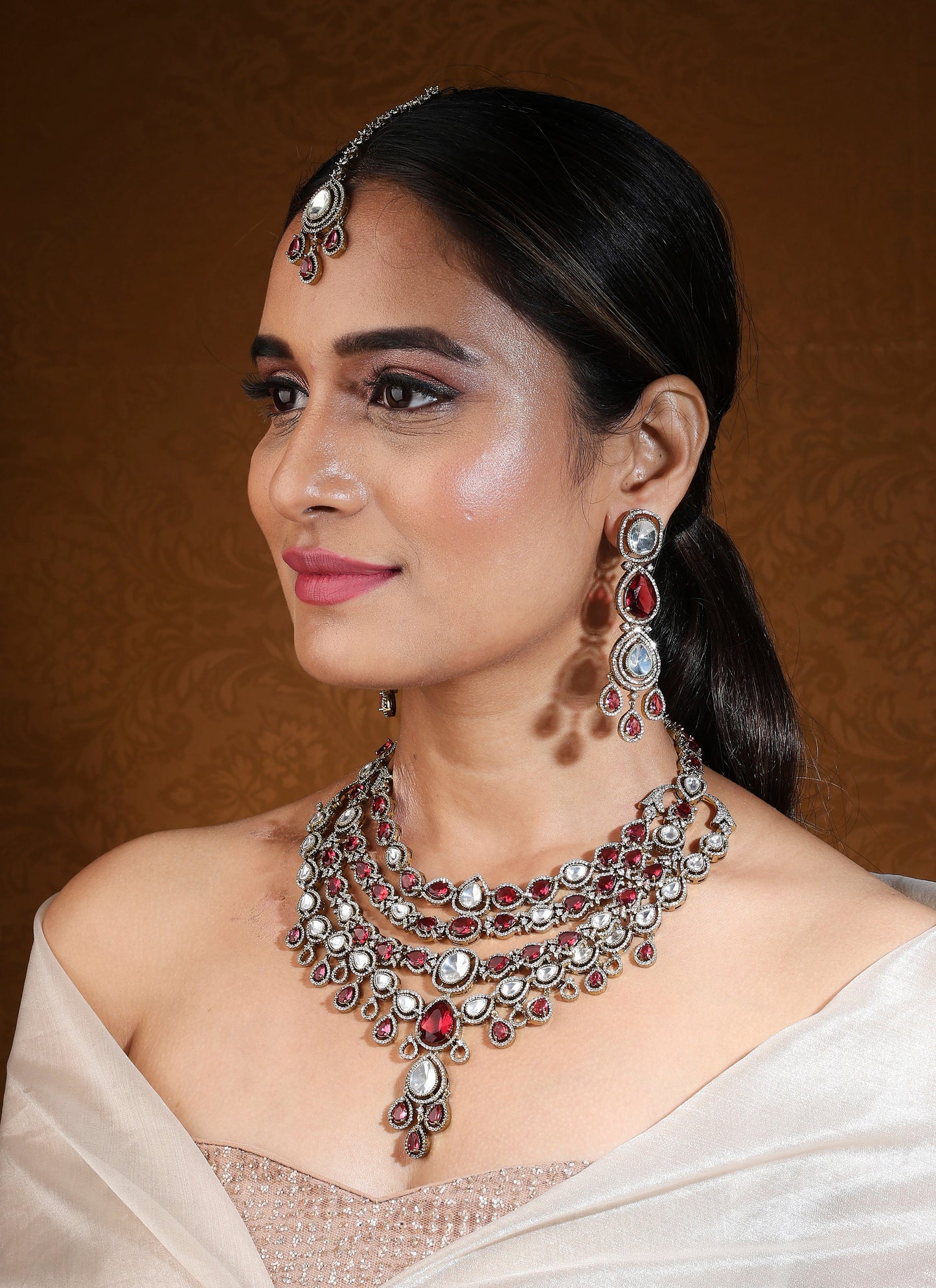 Bridal Ruby Stone Layer Necklace Set with Earrings and Maang Tikka