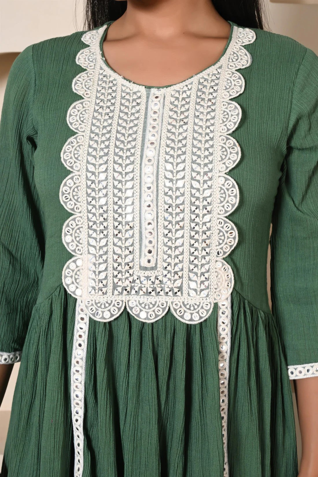 Green short kurta sharara set with heavy lace work for festival wear