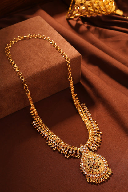 Gold Necklace Set with American Diamond Accents and Teardrop Pendant