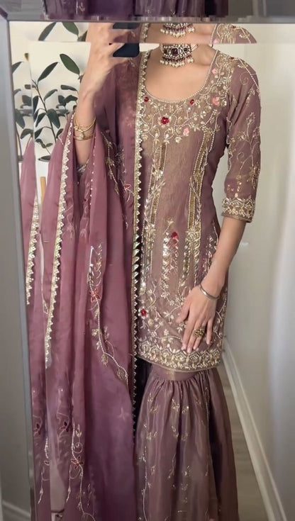 Onion Pink Sequins Shimmer Readymade Suit