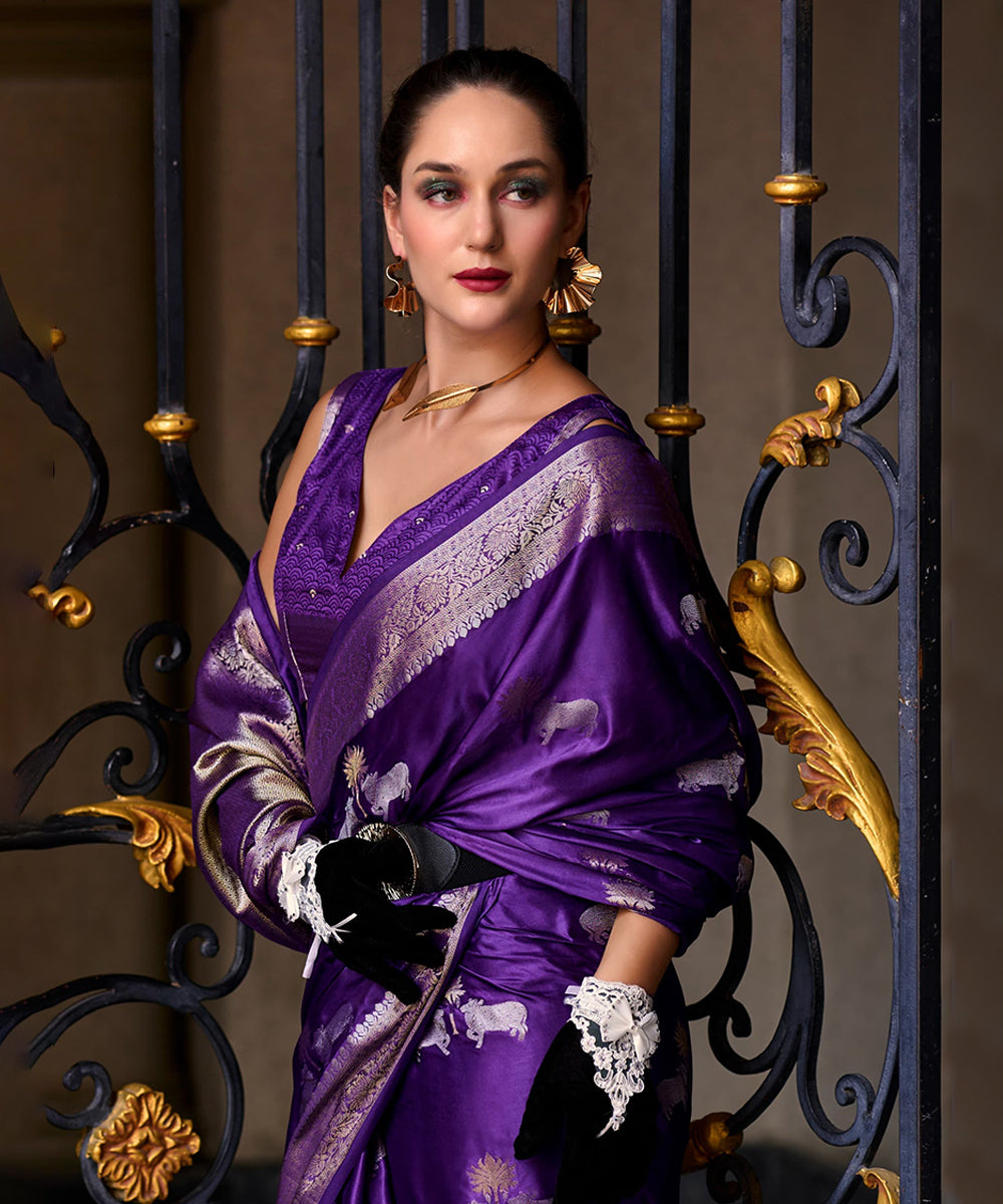 Majestic Purple Art Silk Zari Woven Saree with Elegant Animal Motifs