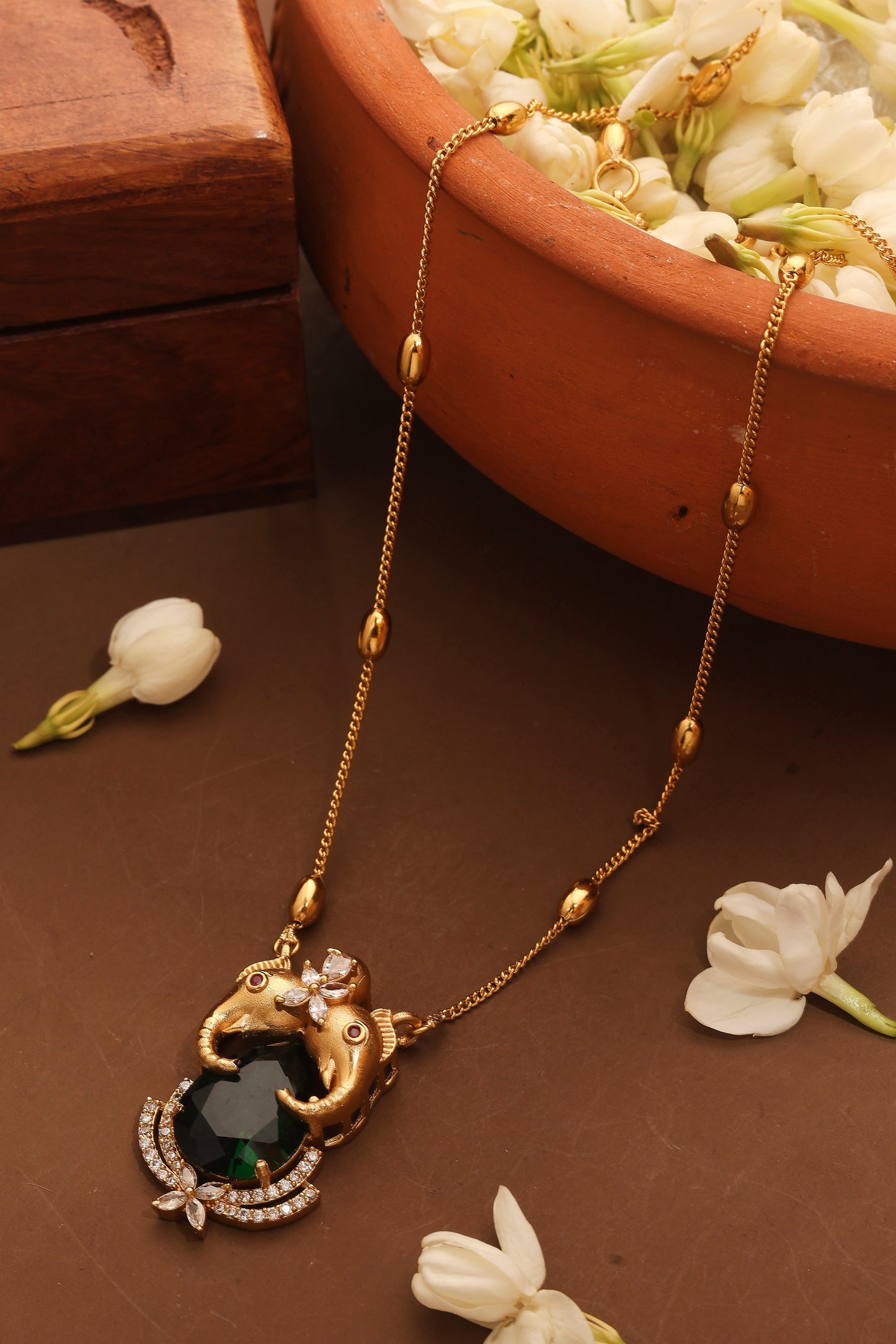 Gold Plated Chain with Emerald Stone Pendant and Elephant Carving