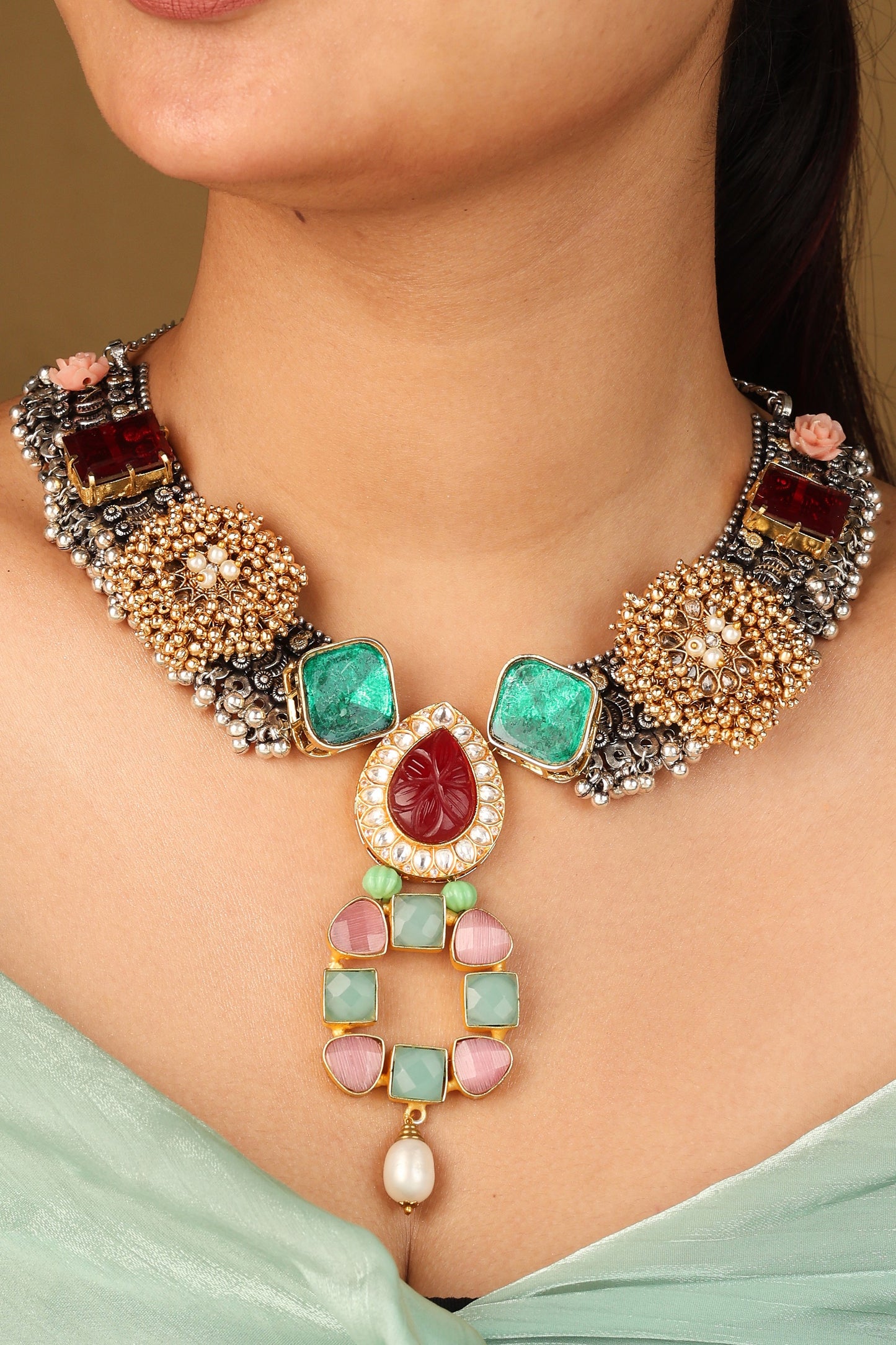 Traditional Jhumki Necklace with Red Stones Rose Pendant and Mint Green Earrings