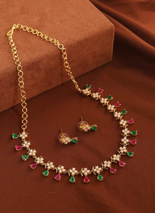 Multicolour Stones Pearls and Gold Necklace