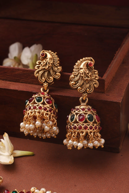 Long Gold Plated Temple Necklace with Laxmi Pendant