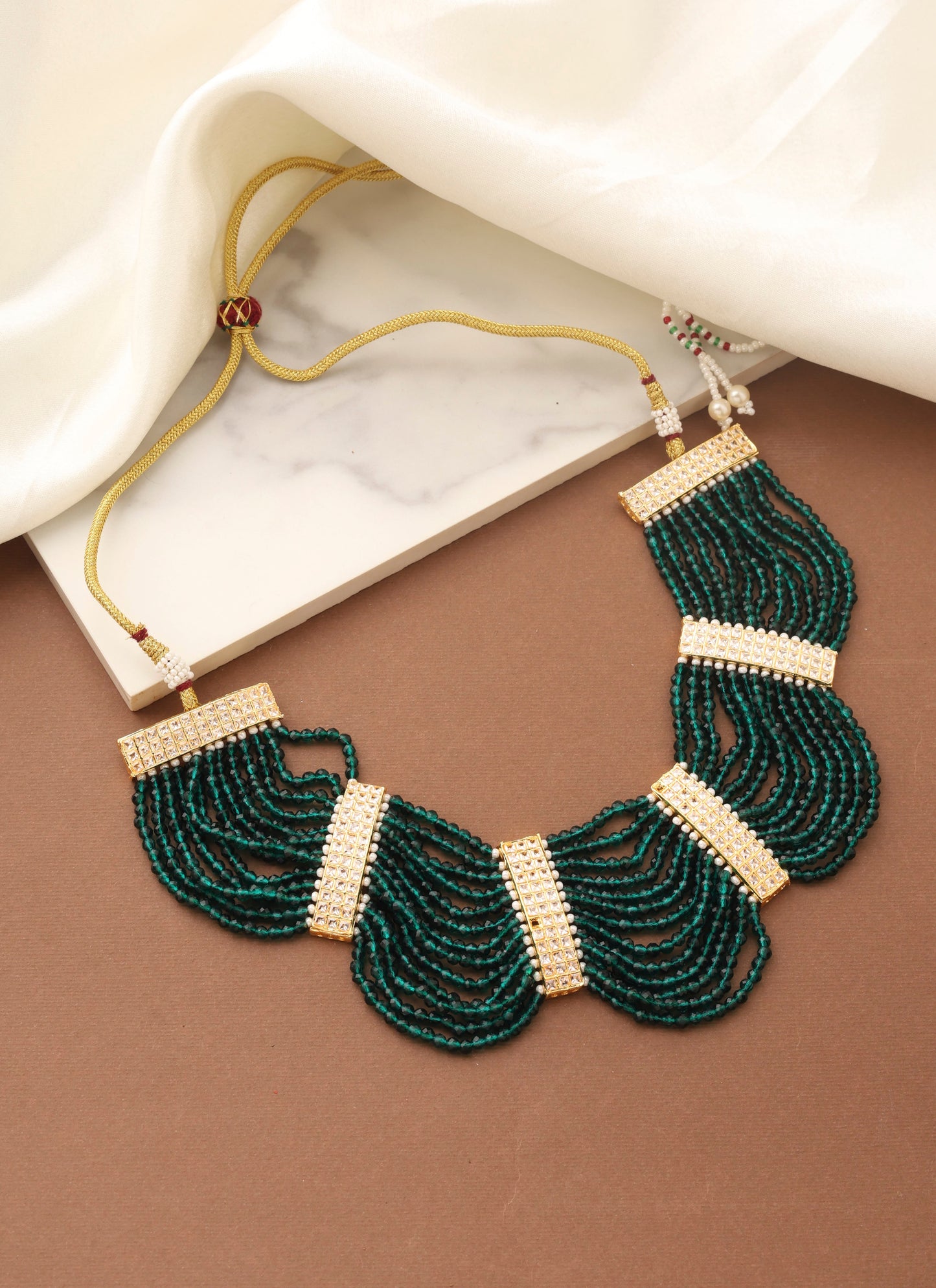 Green Beads Necklace Set with Gold Accents