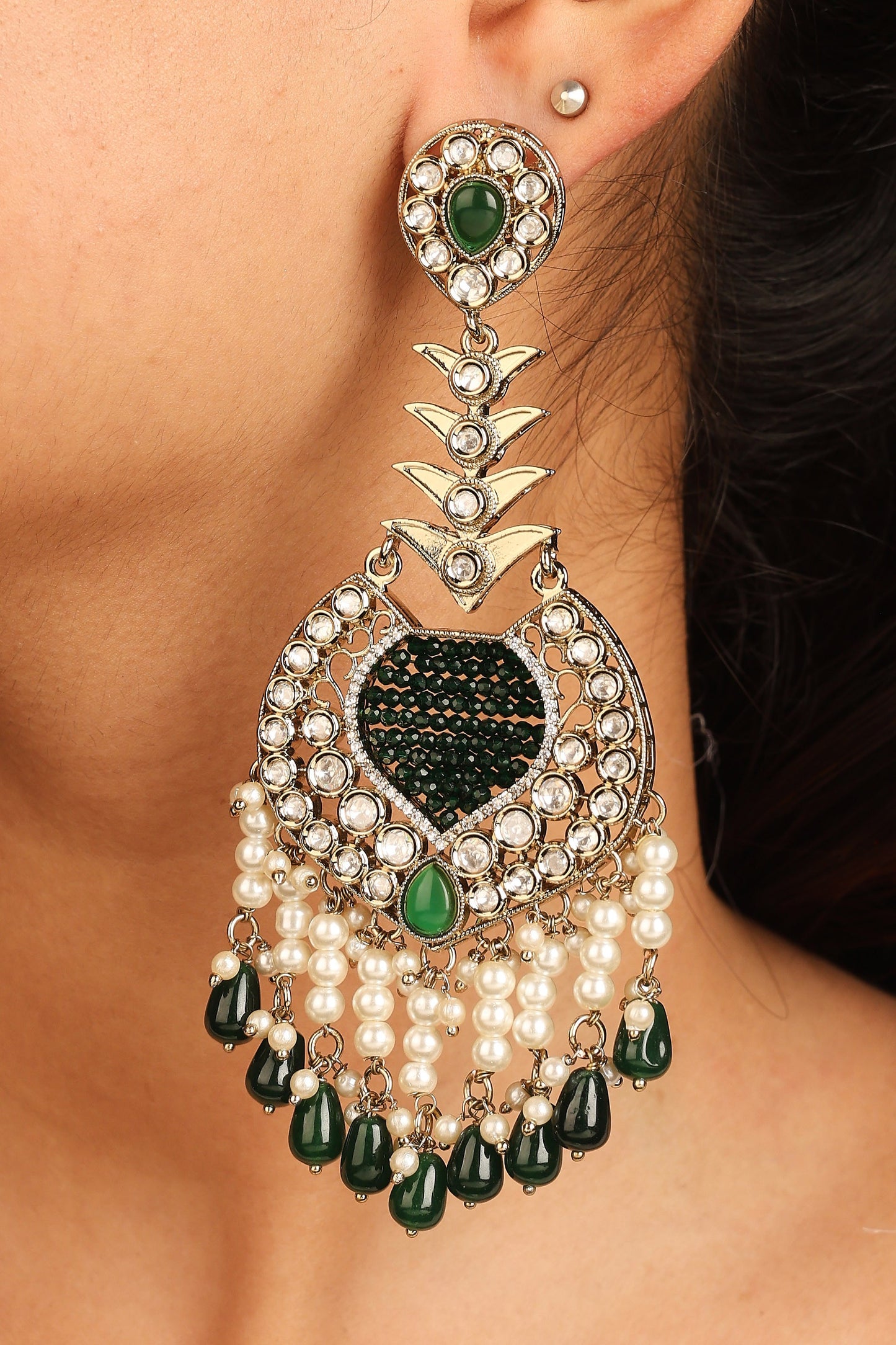 Statement Earrings with Green Accents and Pearl Danglers