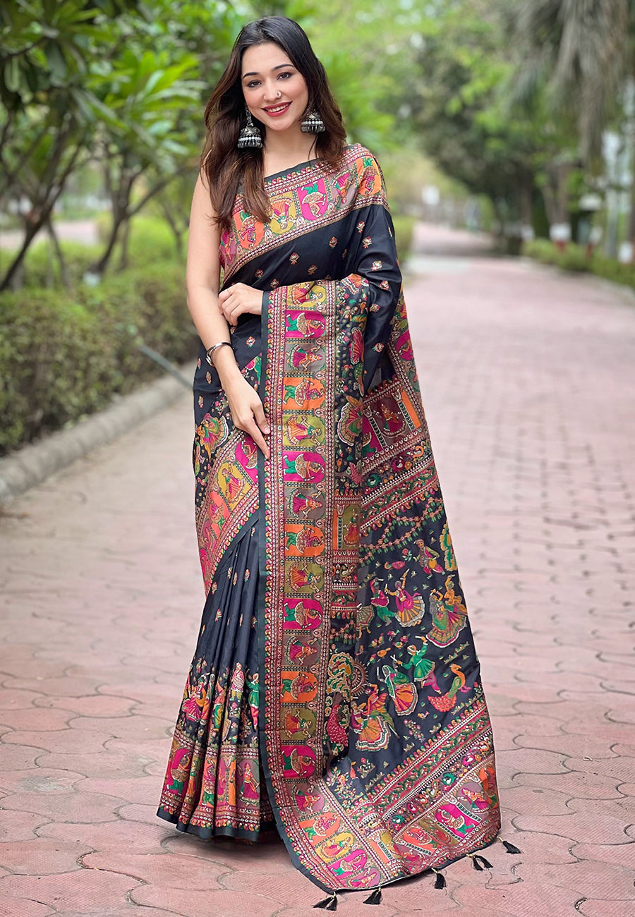 Jade Black Multicolor Traditional Printed Kashmiri Silk Saree