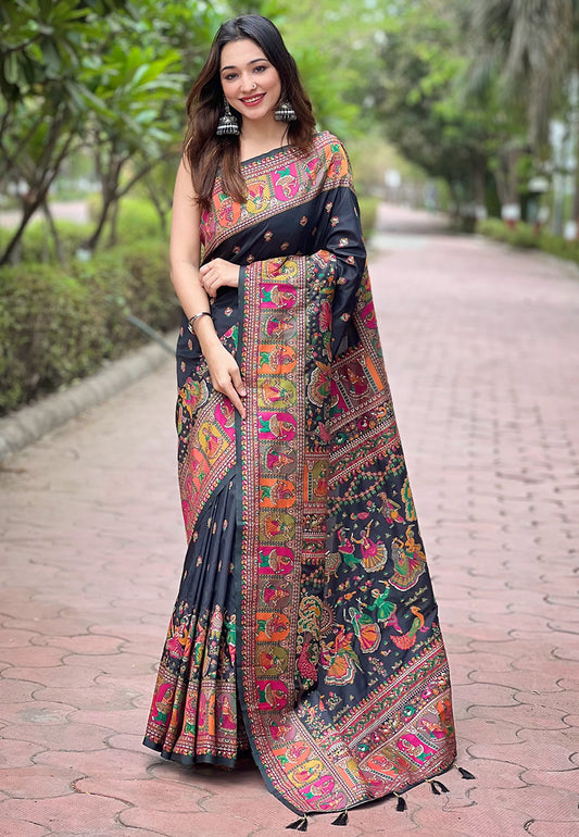 Jade Black Multicolor Traditional Printed Kashmiri Silk Saree