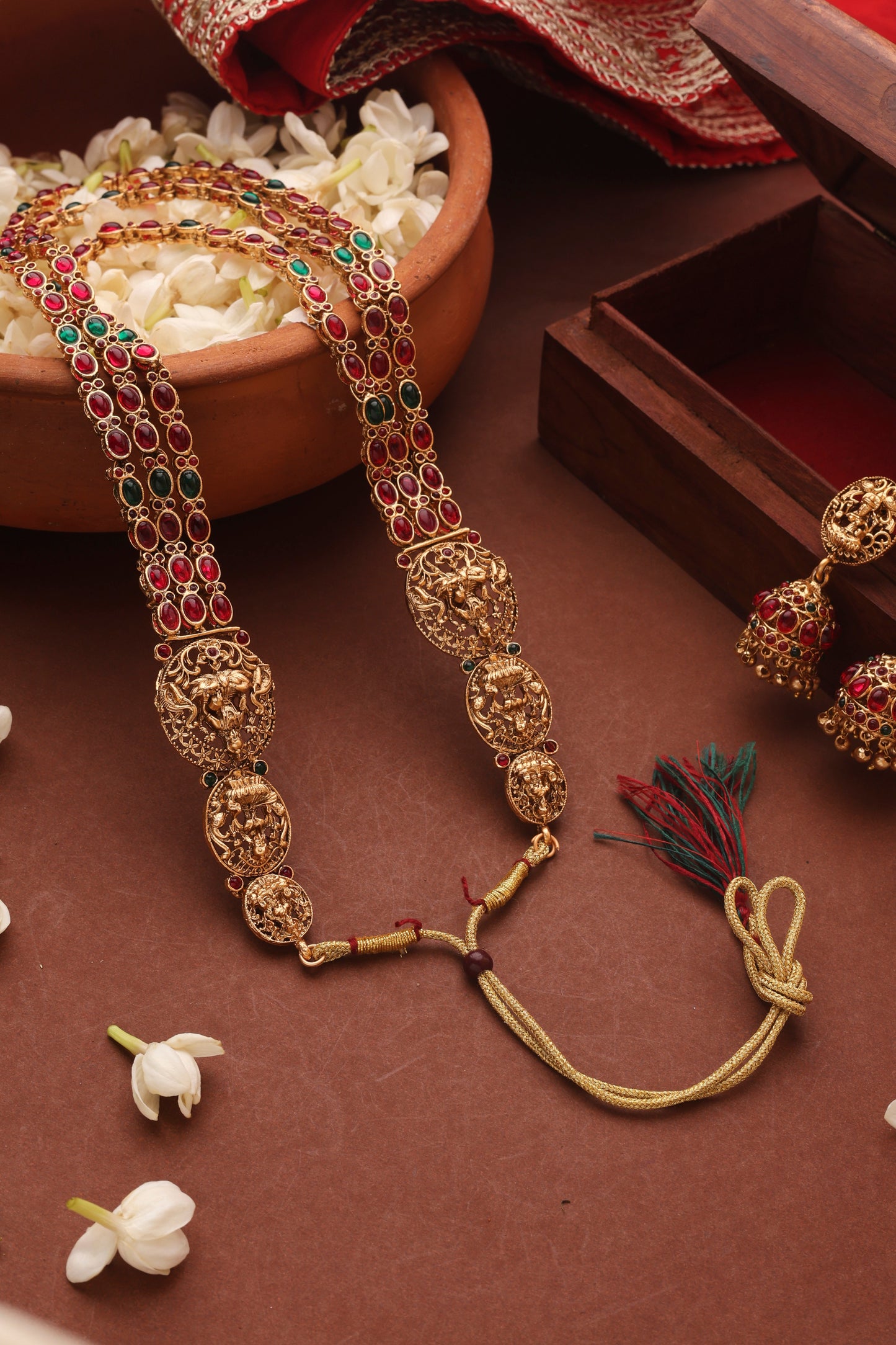 Three Layer Temple Jewellery Necklace Set with Red and Green Stone Studs