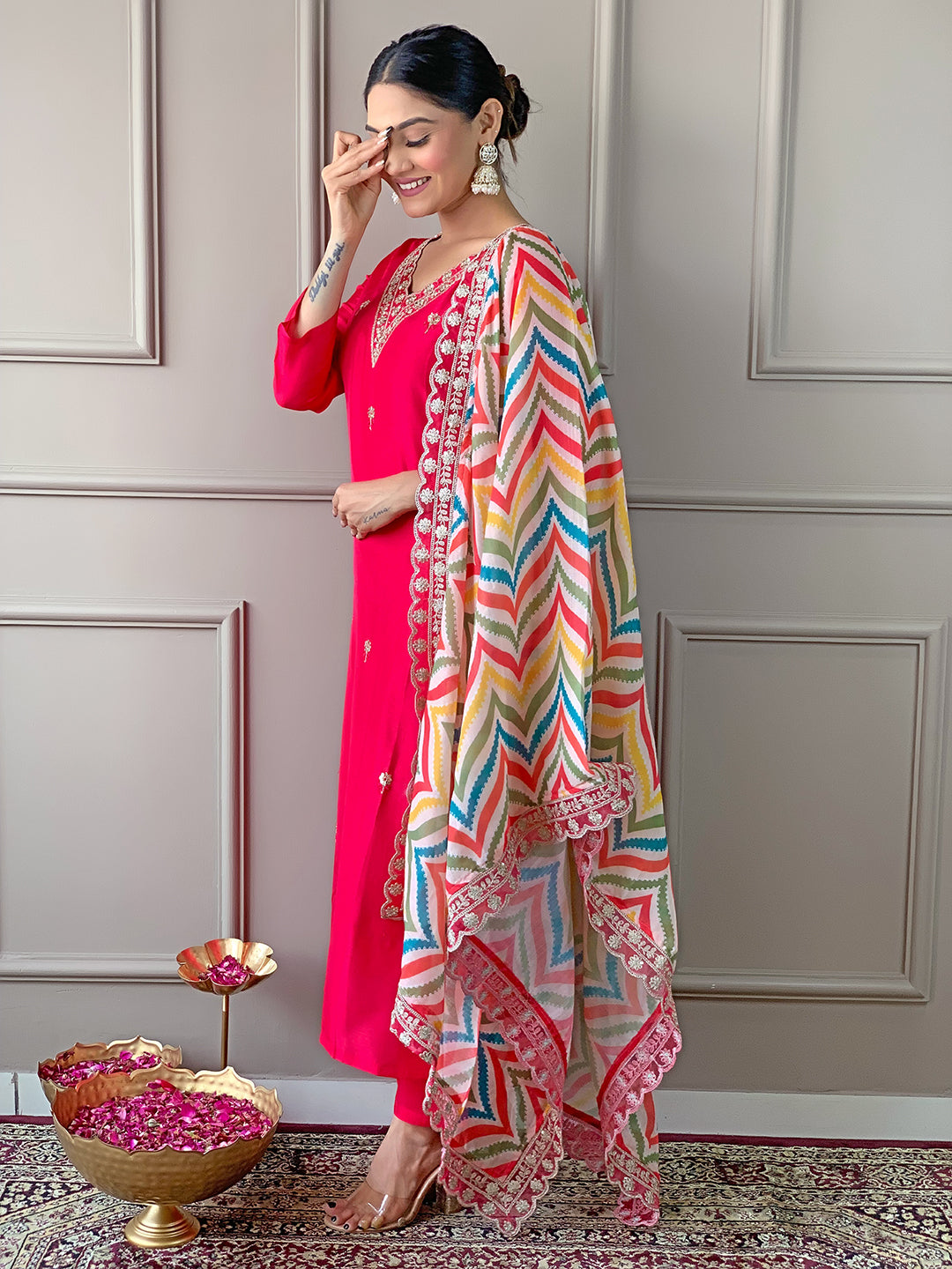 Red Women Embroidered Viscose Kurta, Pant, and Dupatta Set