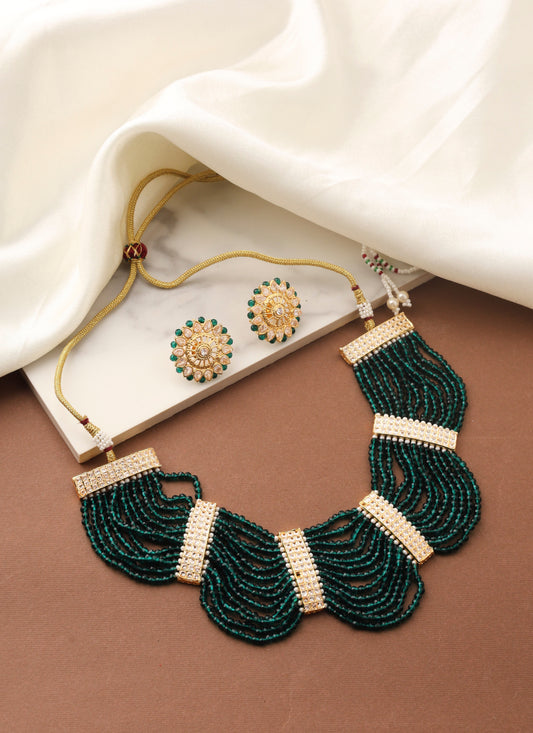 Green Beads Necklace Set with Gold Accents